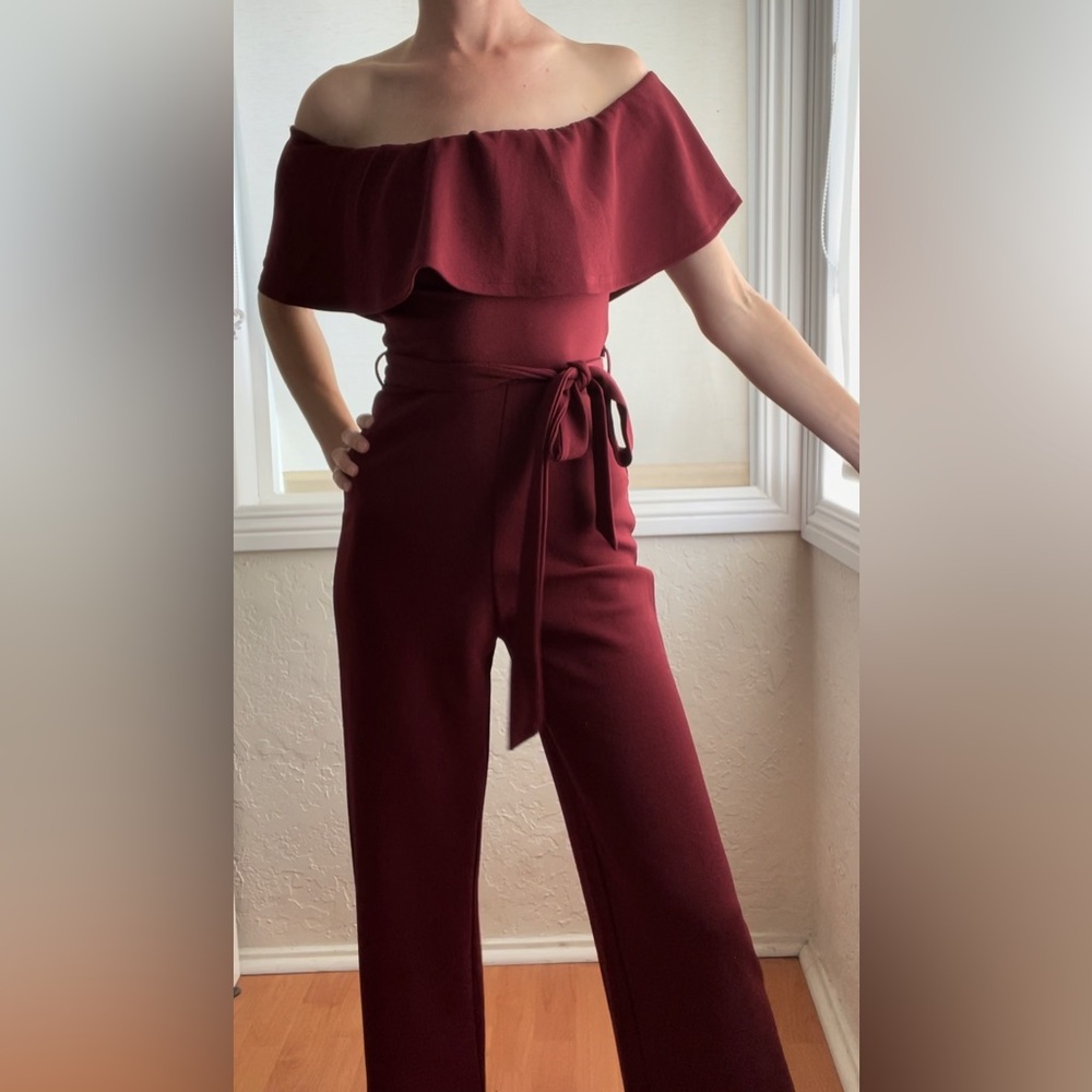 Maroon Off-Shoulder Flutter Jumpsuit, Size S